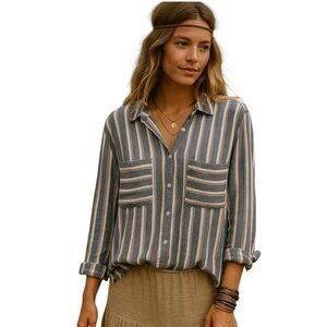 Bella Dahl Blue White Striped Button Down Shirt Large – Linen Rayon Blend
